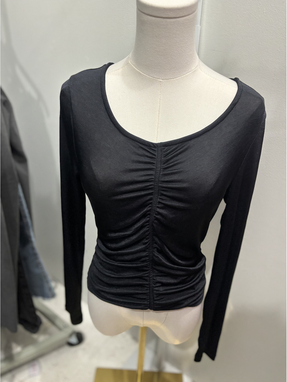 Anthropologie Black Long Sleeve Ruched Top